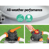 Black and orange 6-position valve with easy-to-operate handle for all-weather pool sand filter