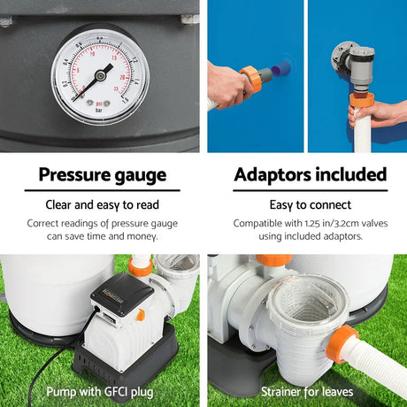 Pressure gauge, hose adaptors, pump with GFCI plug, and strainer for leaves on pool equipment