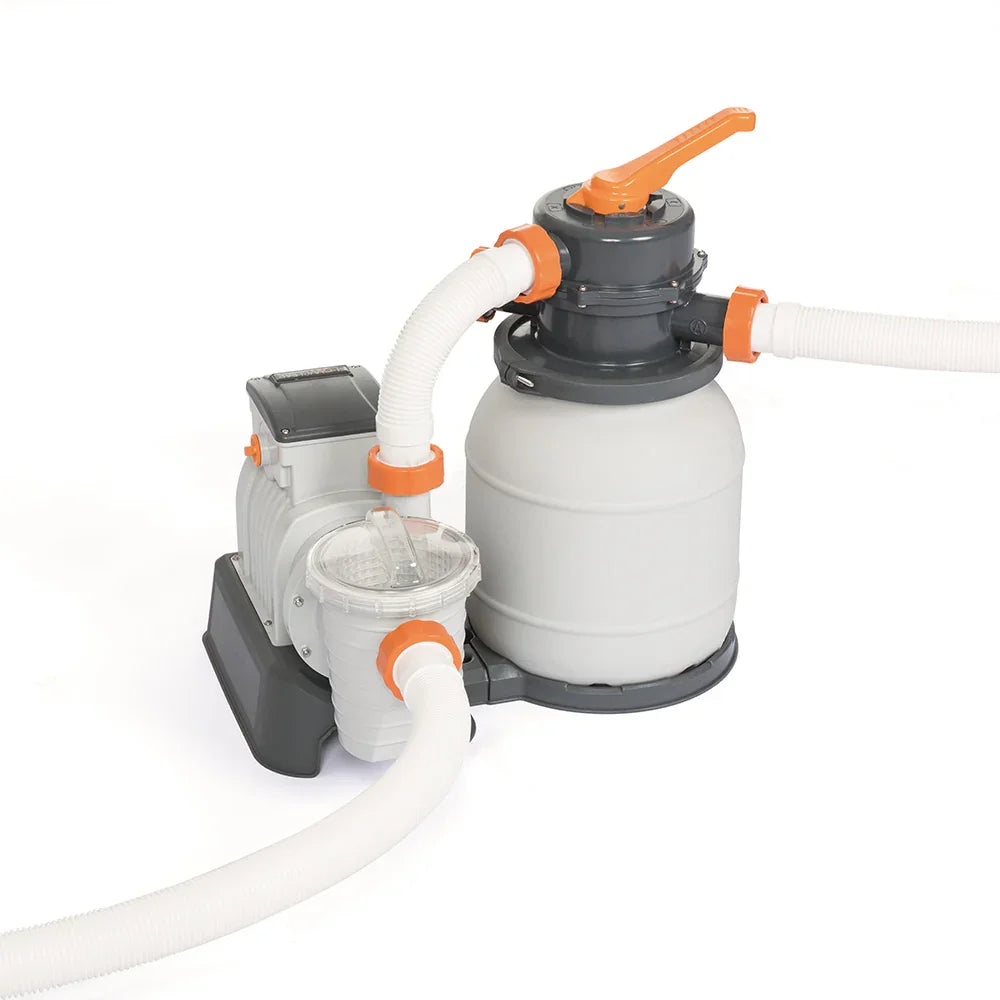 white and gray sand filter pump with orange handle and hoses for pool water filtration