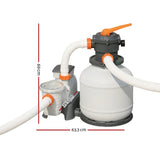 White and gray pool sand filter pump with orange valves and white hoses, dimensions marked