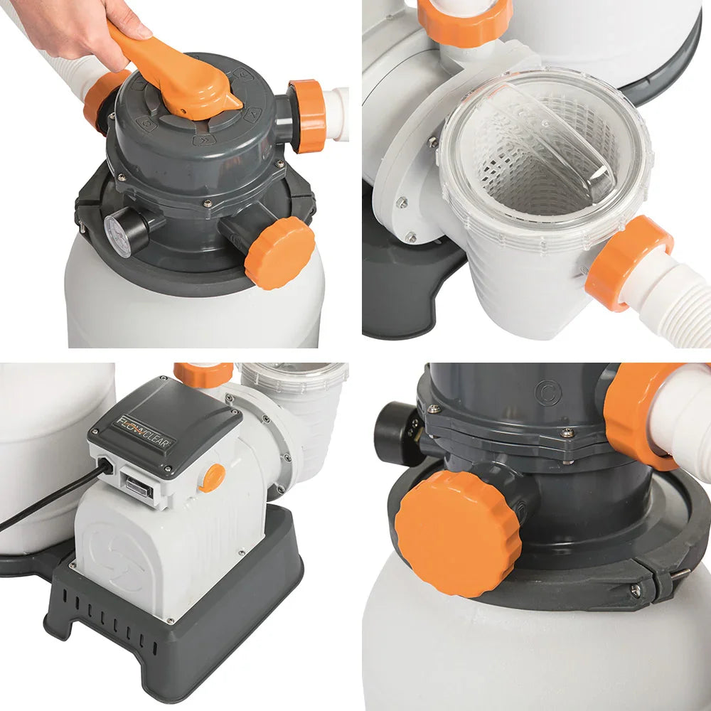 Close-up views of a pool sand filter with orange knobs, including handle, pump, and clear strainer basket
