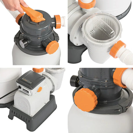 Close-up views of a pool sand filter with orange knobs, including handle, pump, and clear strainer basket