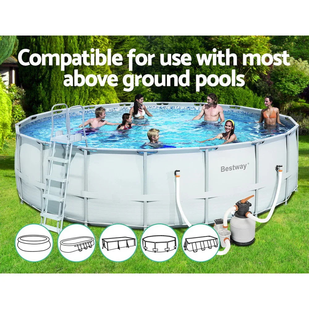 People enjoying a round Bestway above ground pool with ladder and filter pump in a green garden