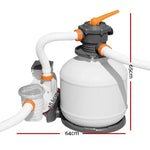 White and gray sand filter pump with orange handle, flexible white hoses, and size dimensions