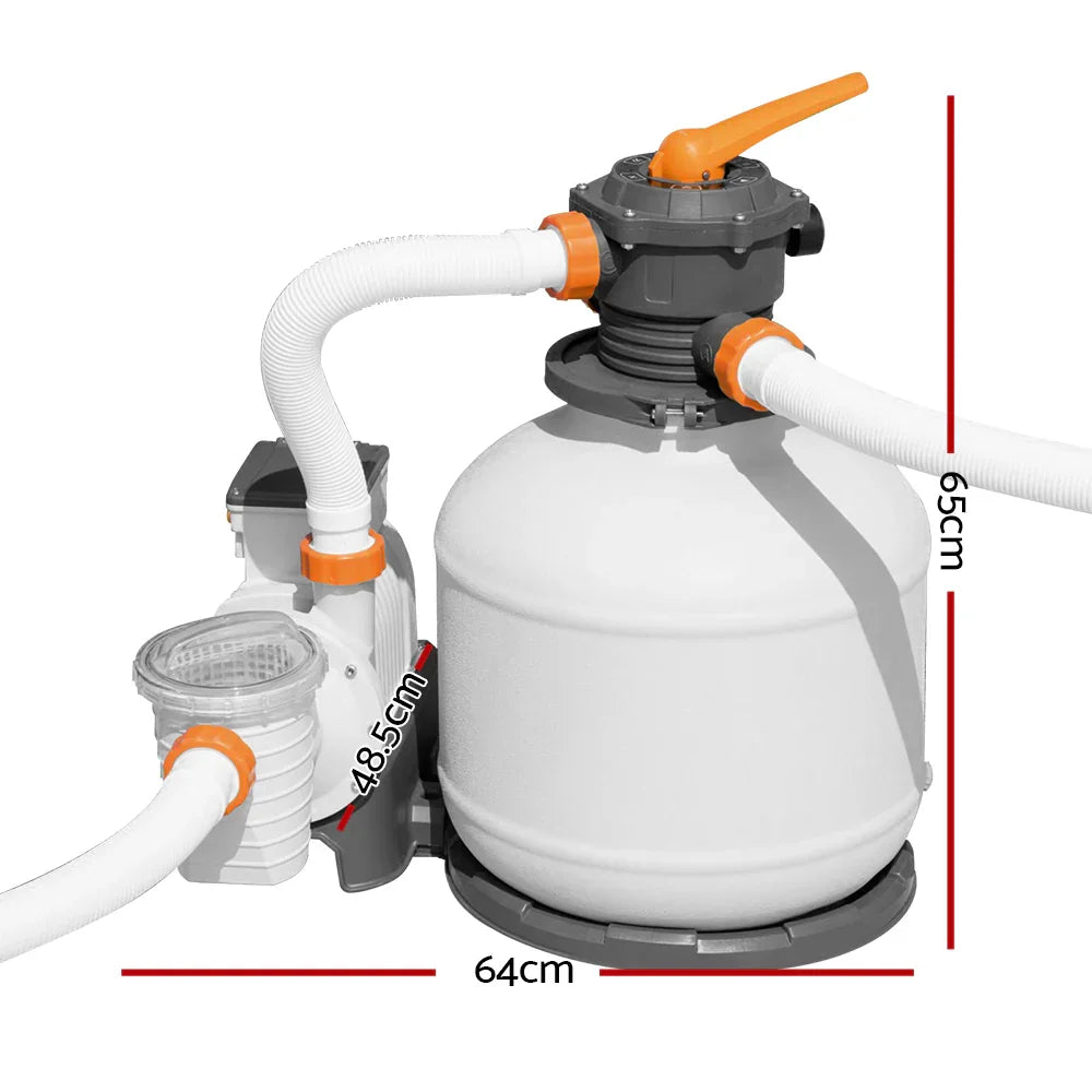 White and gray sand filter pump with orange handle, flexible white hoses, and size dimensions