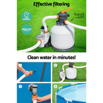 Above-ground pool sand filter pump with hoses on grass, easy assembly, 3000 GPH flow rate, clean water steps