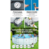 Pressure gauge, pump with GFCI plug, adaptors, and leaf strainer for above ground pool filter system with people swimming