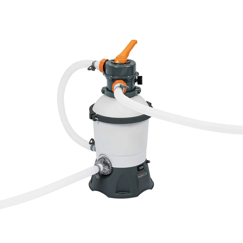 gray and white pool sand filter with orange handle and connected white hoses