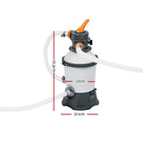 Compact pool sand filter pump with white cylindrical body, gray base, orange handle, and connected hoses