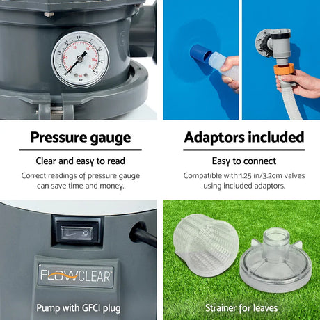 Flowclear pool pump with pressure gauge, blue valve adaptors, and leaf strainers on grass