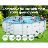 Bestway above ground round pool with six people swimming and pool filtration system on grassy lawn