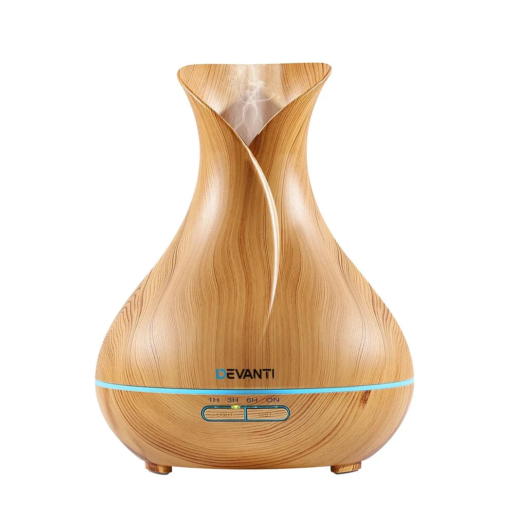Devanti 400ml Ultrasonic Aroma Diffuser - Light Wood Aromatherapy Humidifier with LED