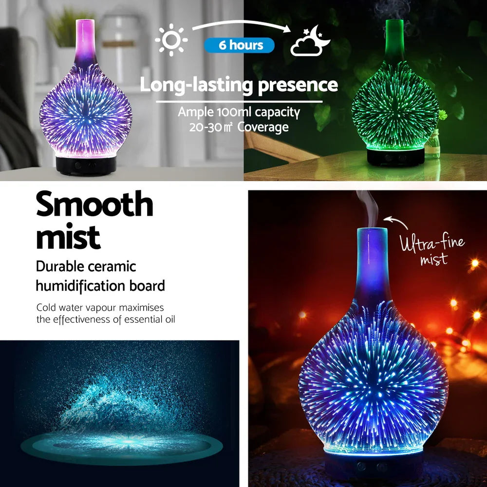 Devanti Ultrasonic Aroma Diffuser - 3D Firework Effect LED Aromatherapy Humidifier