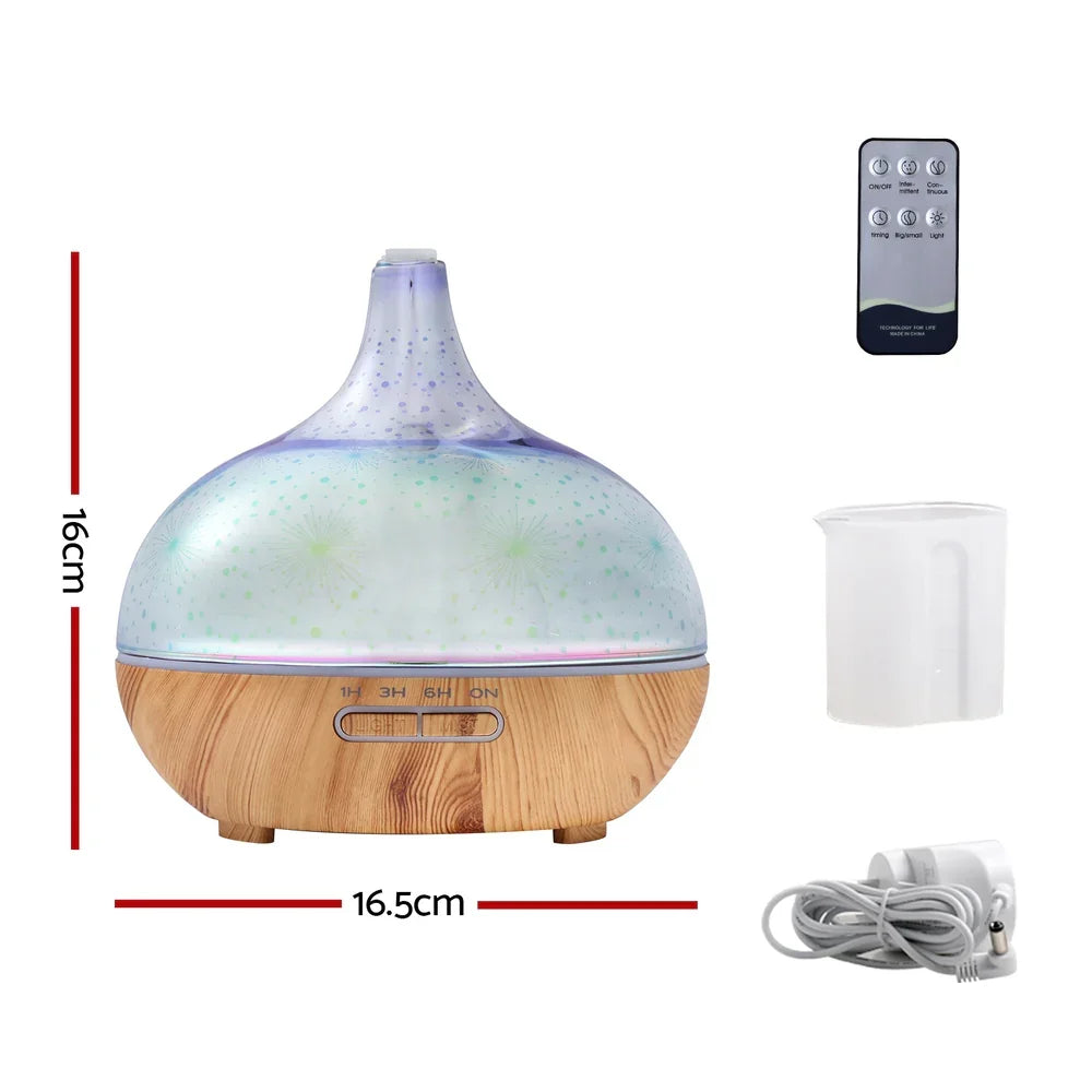 Devanti 400ml Ultrasonic Aroma Diffuser - 3D Glass Aromatherapy LED Humidifier