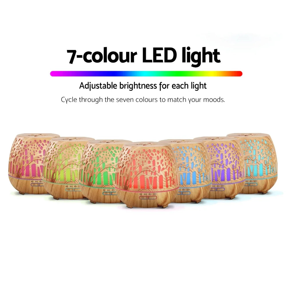 Devanti 400ml Ultrasonic Aroma Diffuser - Wood Grain Aromatherapy LED Humidifier