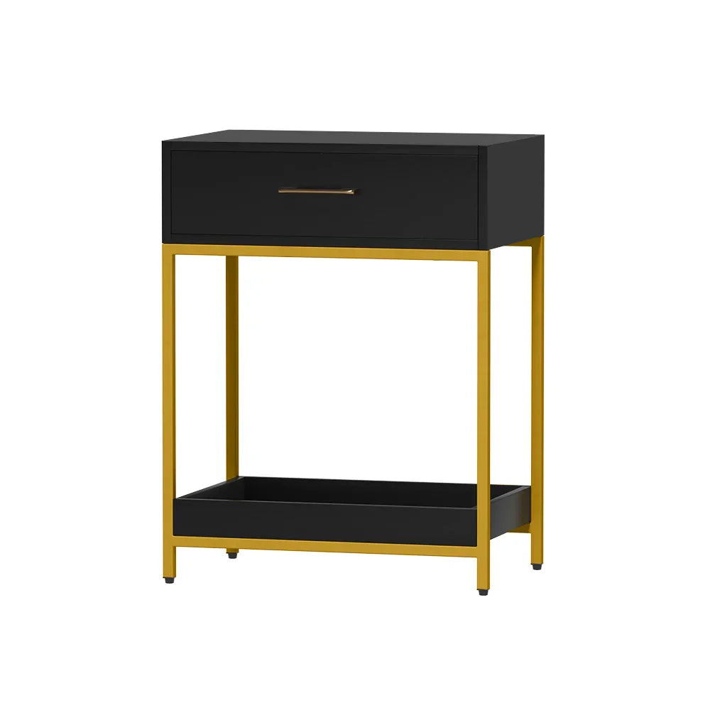 Modern black and gold nightstand with drawer and open shelf on white background