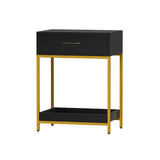 Modern black and gold nightstand with drawer and open shelf on white background