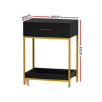 Black and gold nightstand with drawer and shelf, 46x30x61cm modern side table