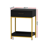 Black and gold nightstand with drawer and shelf, 46x30x61cm modern side table