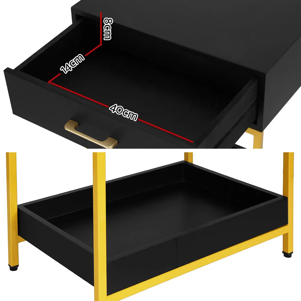 Black and yellow modern drawer unit with gold handle and visible drawer dimensions in cm