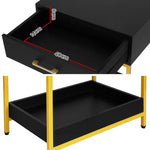 Black and yellow modern drawer unit with gold handle and visible drawer dimensions in cm