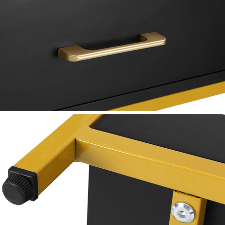 Close-up of black and gold drawer with modern handle and sturdy metal frame detail