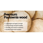 Premium Paulownia wood logs close-up with text highlighting benefits and features