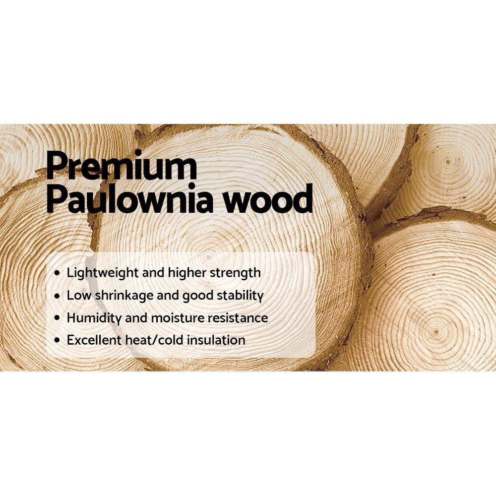 Premium Paulownia wood logs close-up with text highlighting benefits and features