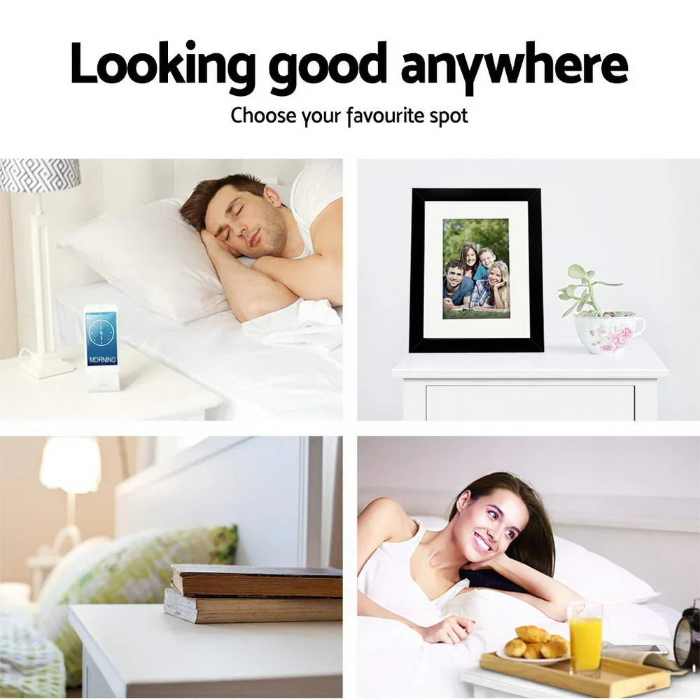 Collage of modern bedroom scenes with people, decor, books, breakfast and family photo frame