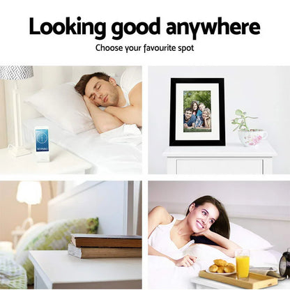 Collage of modern bedroom scenes with people, decor, books, breakfast and family photo frame