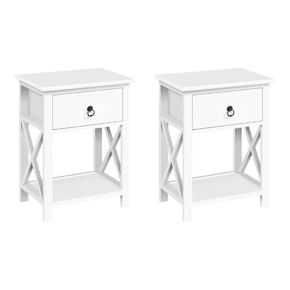 Pair of white wooden nightstands with drawer and open shelf, X-side design