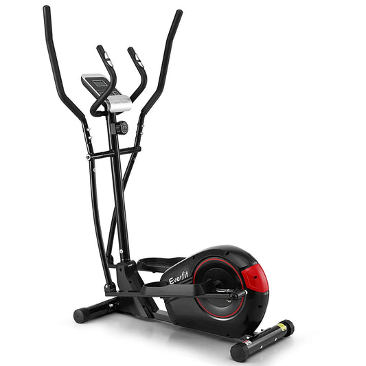 Everfit black and red elliptical cross trainer with handles and digital display on white background