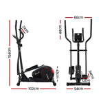 Everfit elliptical cross trainer with side and front view, labeled dimensions in cm