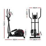 Everfit elliptical cross trainer with side and front view, labeled dimensions in cm
