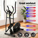 Everfit elliptical cross trainer in bright room, labeled with features like pulse sensors, LCD screen, and anti-slip pedals.