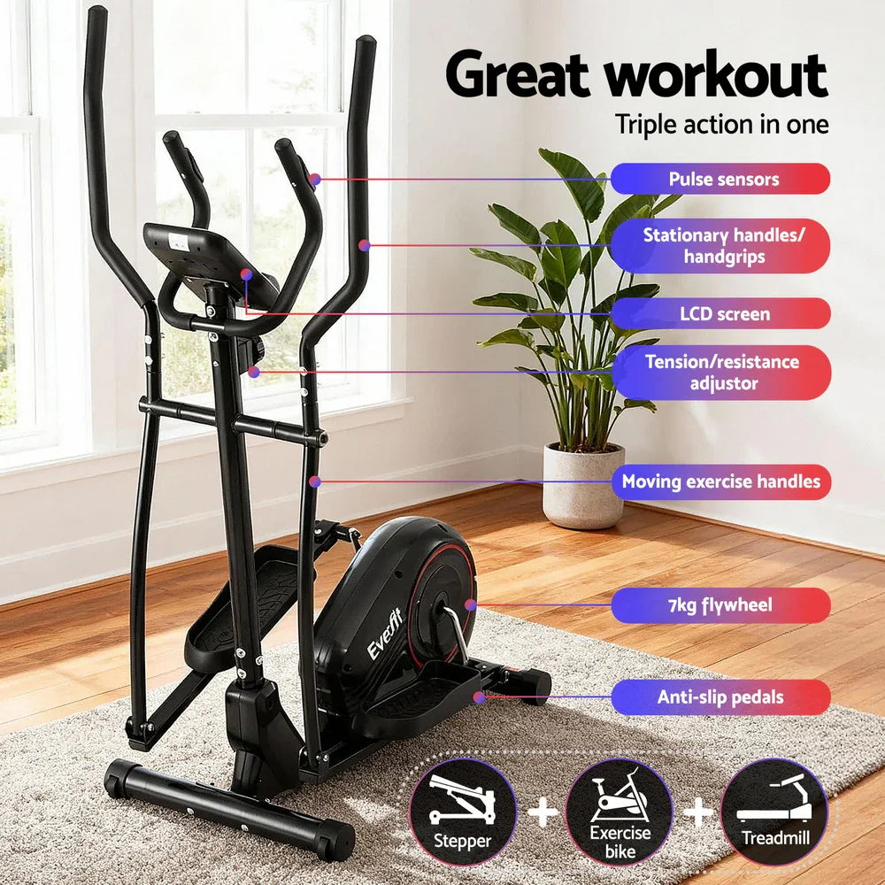 Everfit elliptical cross trainer in bright room, labeled with features like pulse sensors, LCD screen, and anti-slip pedals.
