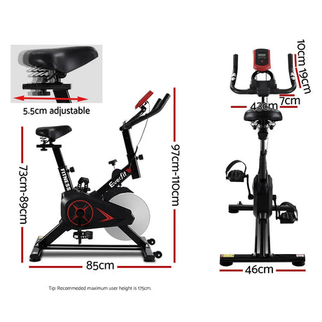Everfit exercise bike with adjustable seat and dimensions for home gym fitness