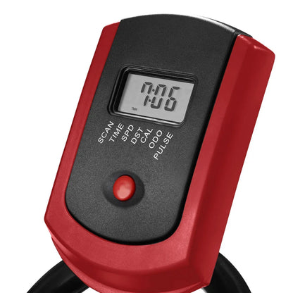 Close-up of exercise bike LCD display with red button, showing time and workout metrics.