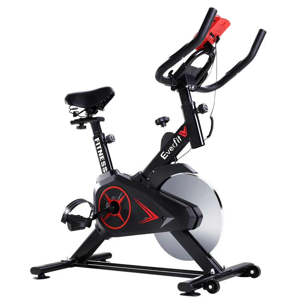 Black Everfit stationary exercise bike with red accents and adjustable seat for indoor fitness