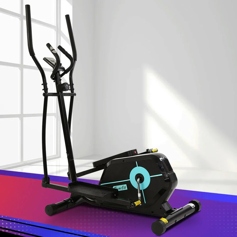 Black Everfit elliptical cross trainer in a modern indoor gym setting with colorful flooring