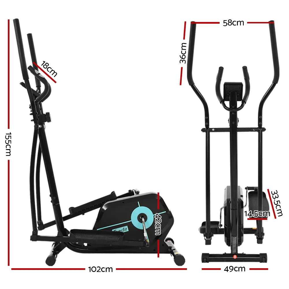 Black elliptical machine with dimensions labeled, home gym fitness equipment