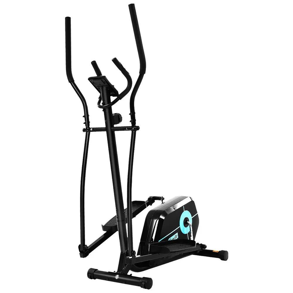 Black elliptical cross trainer exercise machine with blue accents on a white background
