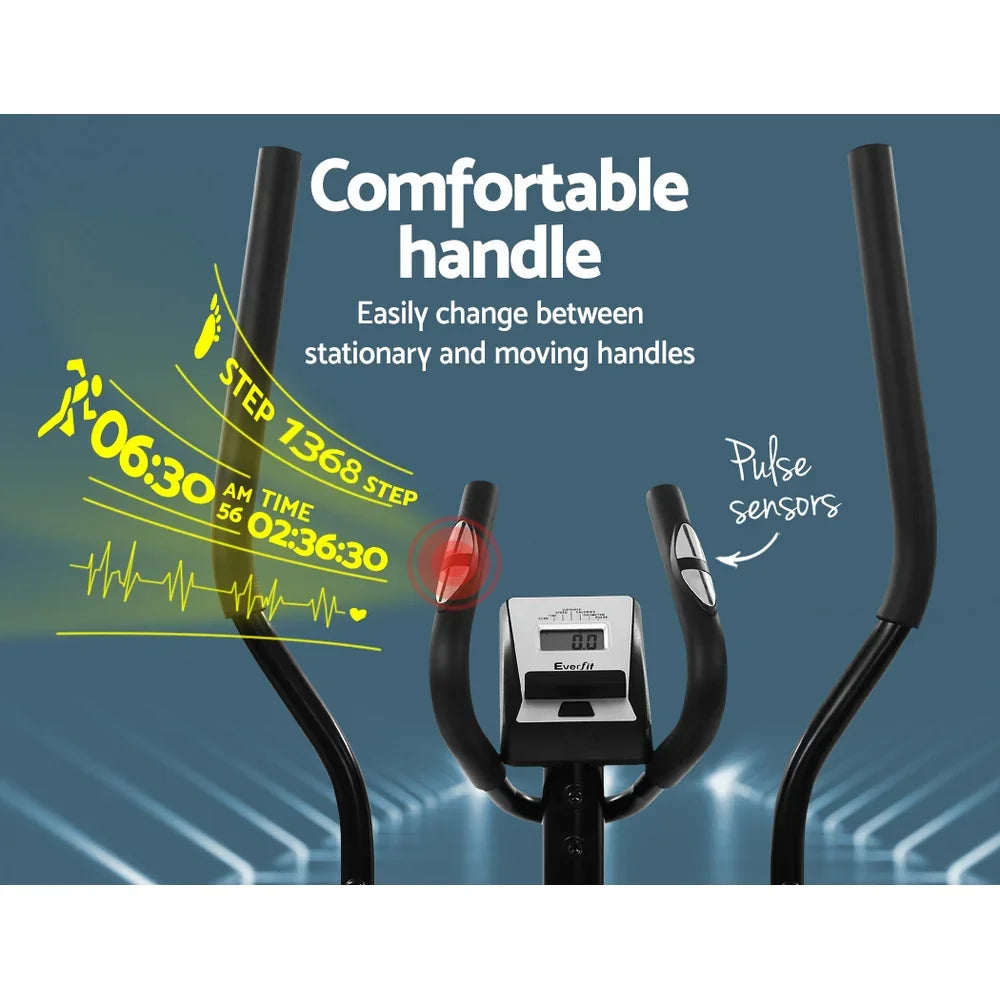 Elliptical exercise bike handlebar with display, pulse sensors, and digital workout stats overlay.