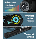 Everfit exercise bike features adjustable resistance, reversible motion, and transport wheels