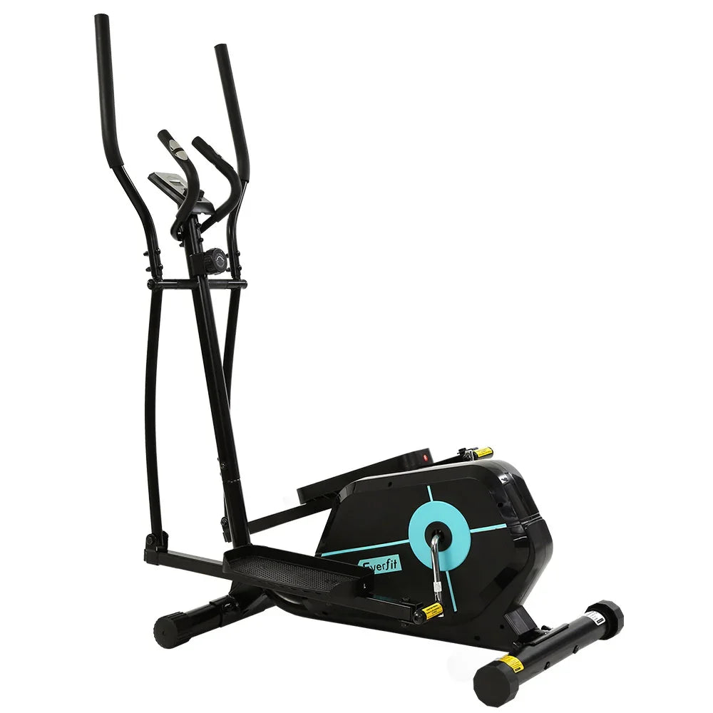 Black elliptical machine with blue accents for home cardio workout