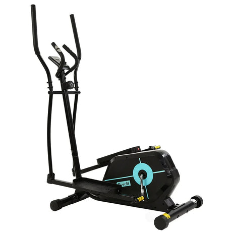 Black elliptical machine with blue accents for home cardio workout
