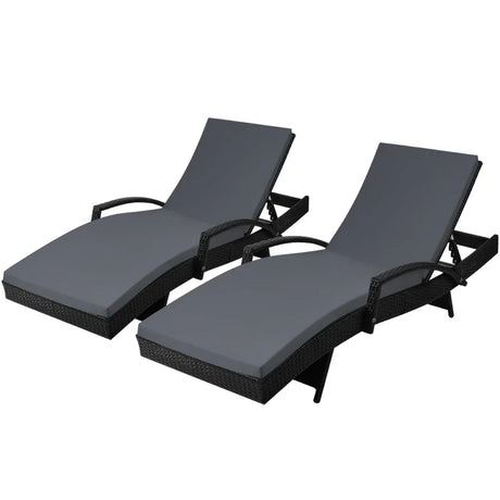 2PC Sun Lounge Wicker Lounger Outdoor Furniture Beach Chair Patio Adjustable Cushion Black - Flea Market