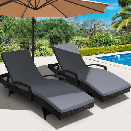 2PC Sun Lounge Wicker Lounger Outdoor Furniture Beach Chair Patio Adjustable Cushion Black - Flea Market