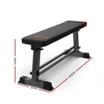Flat weight bench with black padded top, metal frame, and dimensions 103x37x45 cm