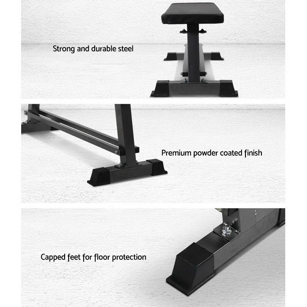 Flat weight bench with strong steel frame, powder coated finish, and capped feet for protection